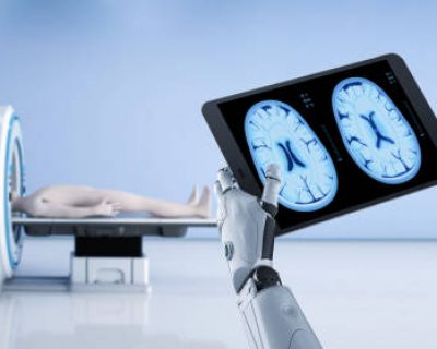 Medical technology concept with 3d rendering robot with tablet display x-ray brain